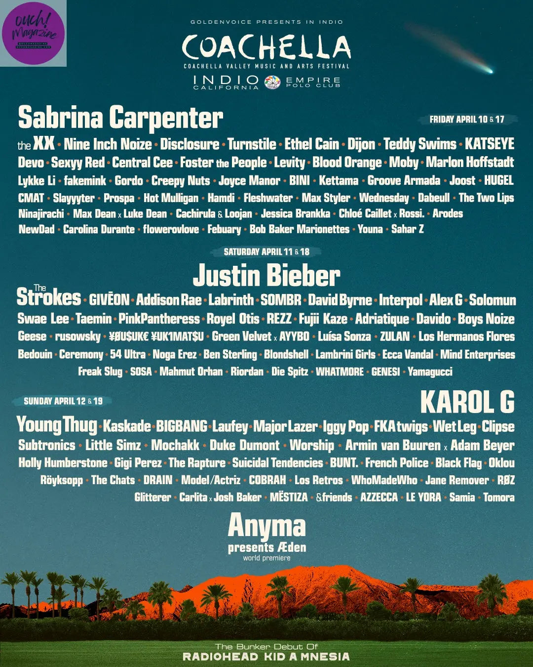 Coachella 2026 has Sabrina Carpenter, Justin Bieber OUCH! MAGAZINE
