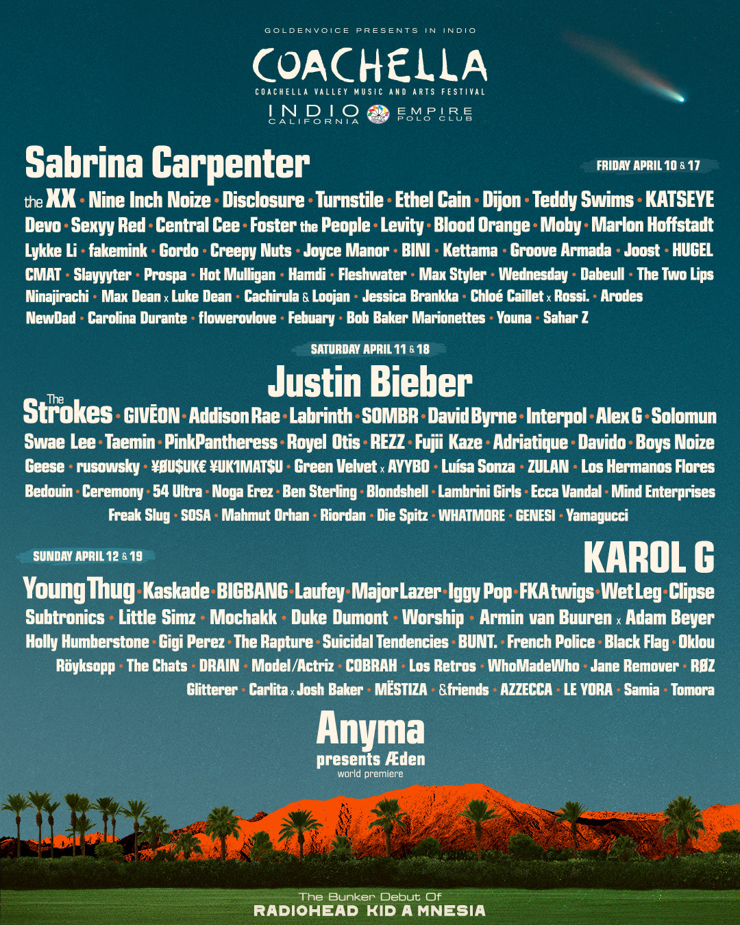 Coachella 2026 has Sabrina Carpenter, Justin Bieber